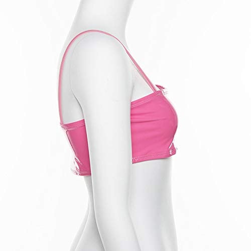 Women Rave Festival Neon PU Leather Crop Tops Spaghetti Straps Tube Top for Club Party: Pink Medium