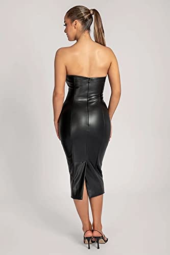 XLLAIS Women Sexy Strapless Tube Top Club Midi Dress Off Shoulder Bodycon Party Faux Leather Dress thumbnail 3