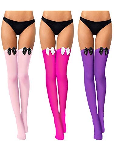 Boao 3 Pairs Thigh High Stockings Thigh High Socks with Bow for Women over Knee Lingerie Stockings for Cosplay Daily Wear: Medium Purple, Black, Rose Red, White, Pink