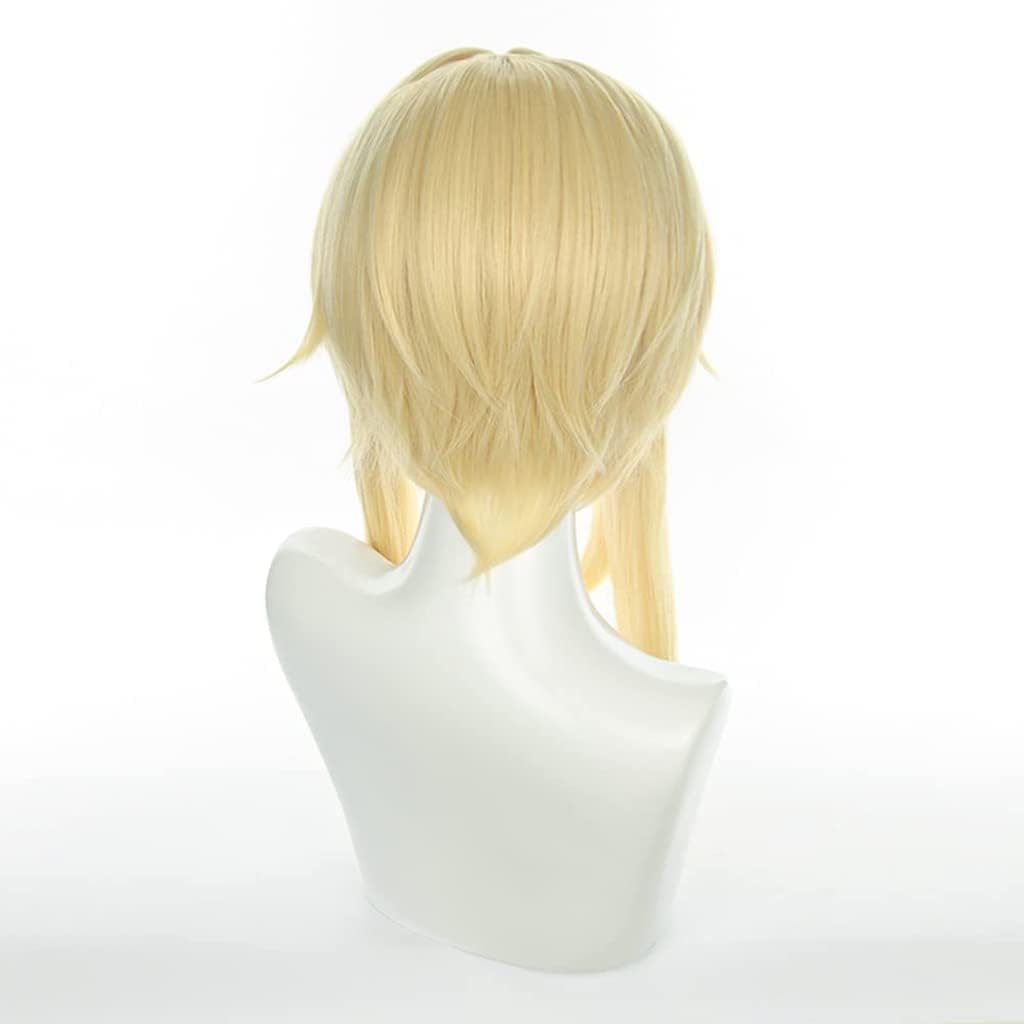 LeMarnia Gold Mixed with Yellow Straight Ponytail Synthetic Wig with Ribbon for Cosplay Fischl Wig Halloween Costume Party Wigs: Lumine/Gold