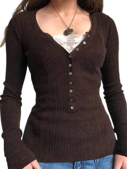 EMMIOL Lace Crop Button Up Shirts for Women Paneled Button Long Sleeve Knit Top Lightweight Slim Basic Knit Tunic Top Blouse