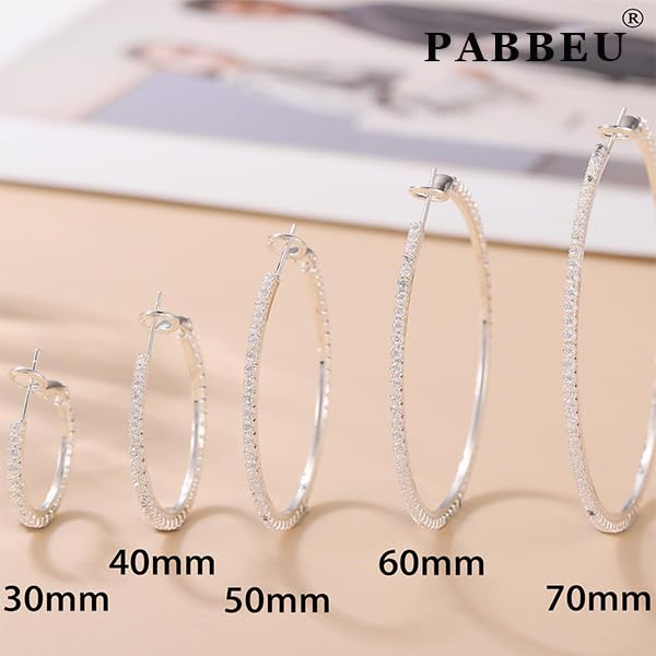 PABBEU 2mm 925 Sterling Silver Earrings Big Sterling Silver Hoop Earrings for Women Large Rhinestone Hoop Earrings Thin Hypoallergenic Cubic Zirconia Earrings for Women 30/40/50/60/70mm: 40mm Silver