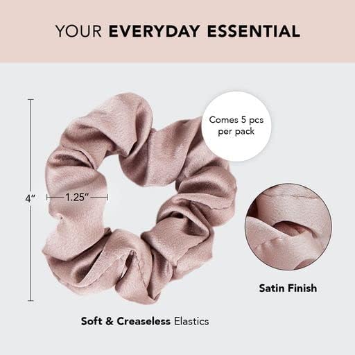 Kitsch Satin Scrunchies for Women - No Crease Hair Ties for Girls | Scrunchies For All Hair Types and Textures, Perfect for Day or Night - 5 Pcs, Cameo