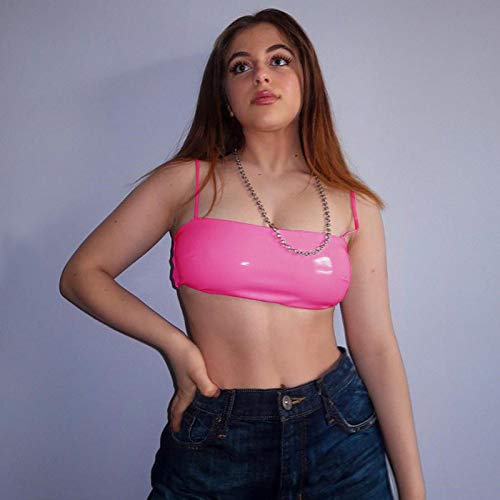 Women Rave Festival Neon PU Leather Crop Tops Spaghetti Straps Tube Top for Club Party: Pink Medium