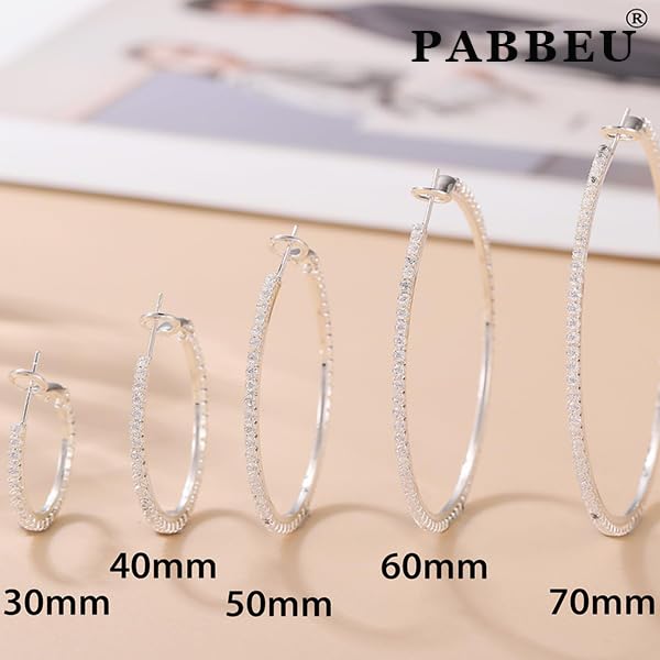PABBEU 2mm 925 Sterling Silver Earrings Big Sterling Silver Hoop Earrings for Women Large Rhinestone Hoop Earrings Thin Hypoallergenic Cubic Zirconia Earrings for Women 30/40/50/60/70mm: 50mm Silver
