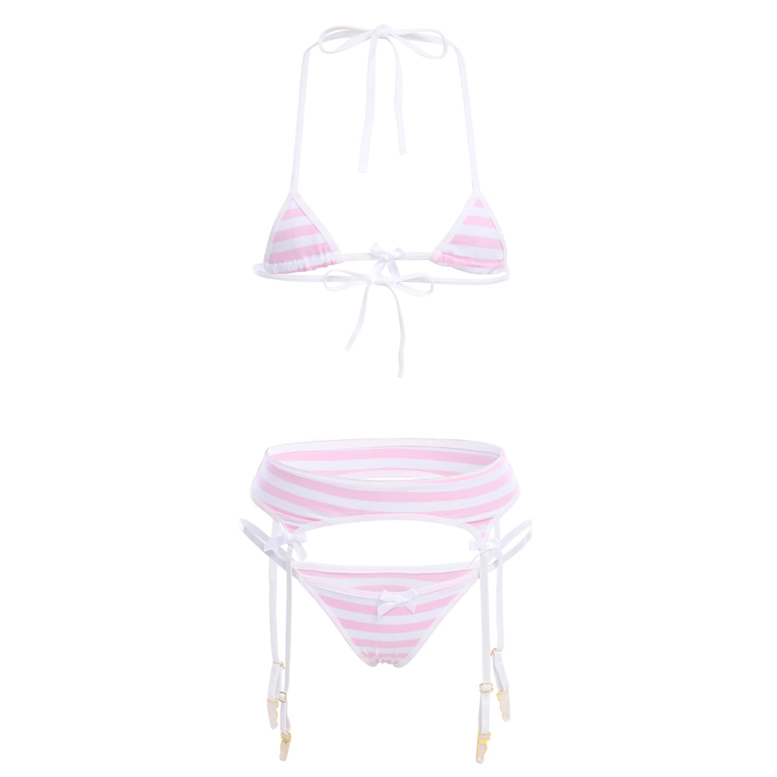ABAFIP Women Cute Kawaii Anime Lingerie set Halter Strap Micro Bra Tiny Panty Garter Belt Striped Stockings 4Pcs Underwear: Pink