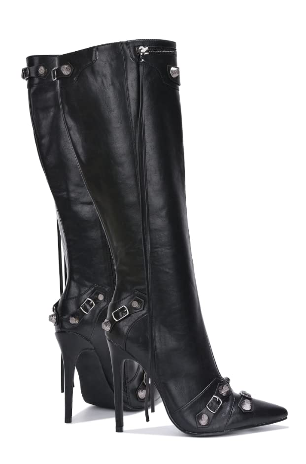 Cape Robbin Womem Knee High Boots Pointed Toe Stiletto Heels Side Zipper Rivets Tassels Boots: 10 Black