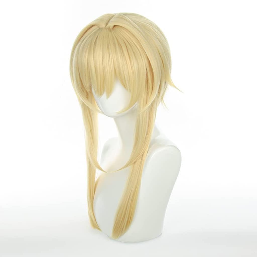 LeMarnia Gold Mixed with Yellow Straight Ponytail Synthetic Wig with Ribbon for Cosplay Fischl Wig Halloween Costume Party Wigs: Lumine/Gold