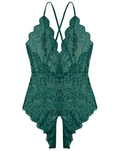 Women One Piece Lingerie Sexy Teddy V Neck Bodysuit Lace Nightie: X-Large Green