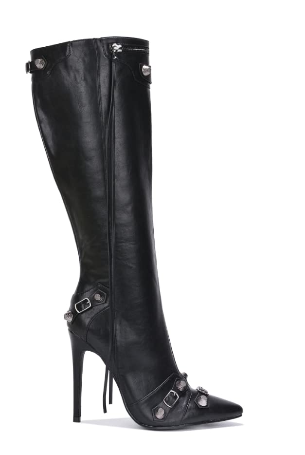 Cape Robbin Womem Knee High Boots Pointed Toe Stiletto Heels Side Zipper Rivets Tassels Boots: 10 Black