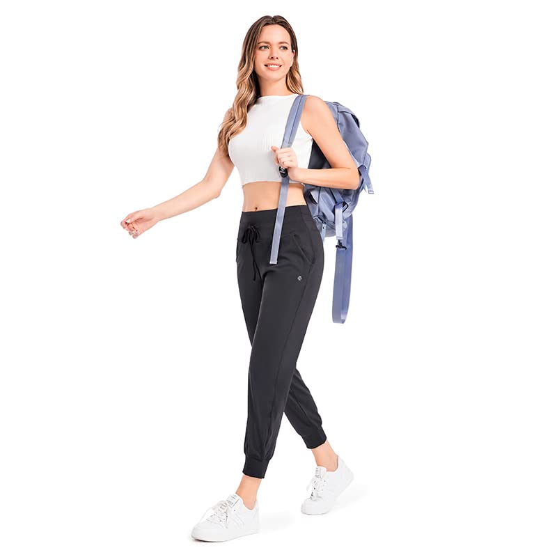 STRETCHUP Women's Joggers Pants Lightweight Running Sweatpants with Pockets Athletic Tapered Casual Pants for Workout,Lounge: Medium Black(drawstring )