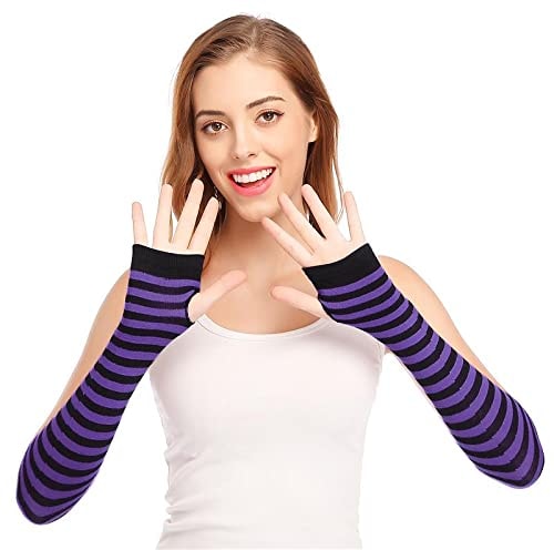 Bienvenu Womens Socks Striped Knee High Socks Arm Warmer Fingerless Gloves Set - Image 2