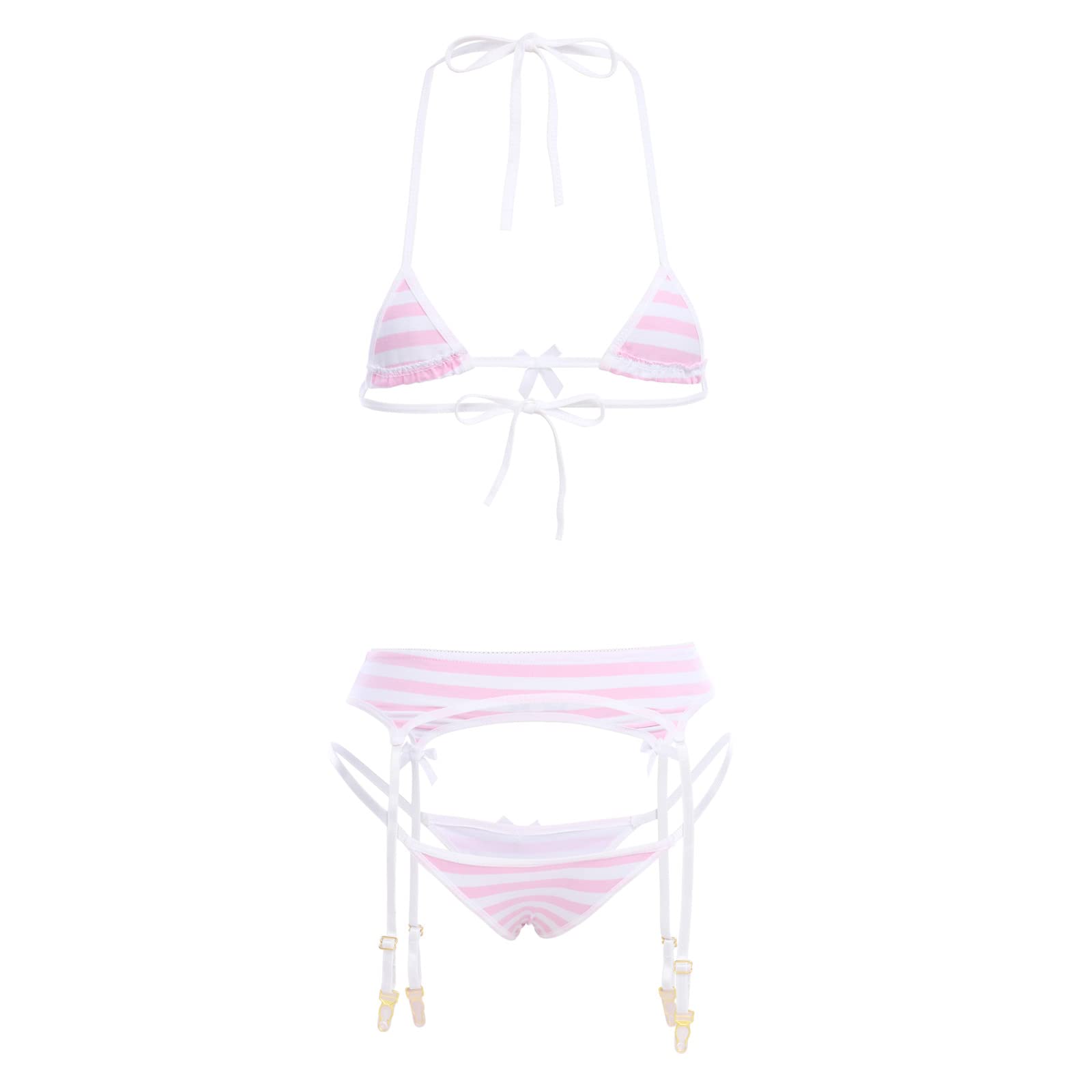 ABAFIP Women Cute Kawaii Striped Bikini Lingerie Set Micro Tiny Bra G-String Panty/Garter Belt 2Pcs / 3Pcs Underwear: Pink - 3pcs