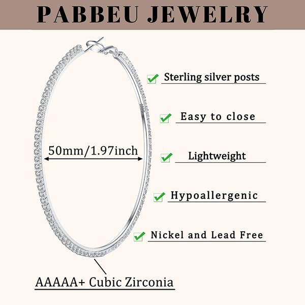 PABBEU 2mm 925 Sterling Silver Earrings Big Sterling Silver Hoop Earrings for Women Large Rhinestone Hoop Earrings Thin Hypoallergenic Cubic Zirconia Earrings for Women 30/40/50/60/70mm: 50mm Silver