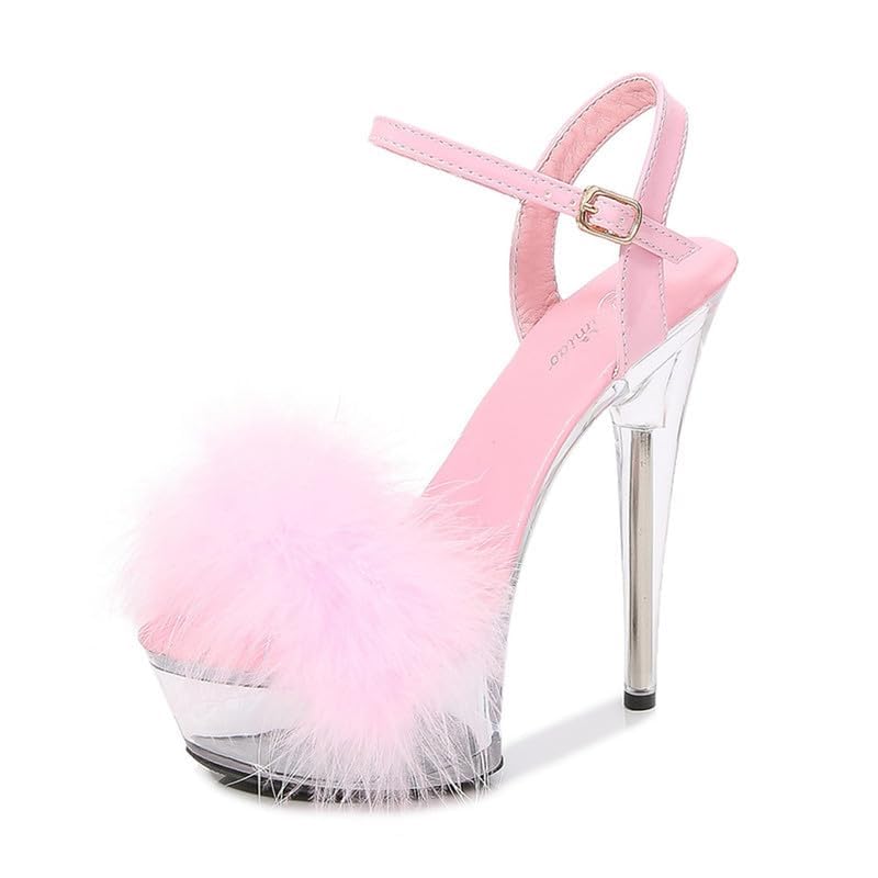 MissHeel Ankle Strap Clear Platform Furry Sandals Stiletto Heel: 7.5 Pink