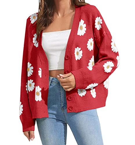 Women's Floral Print Cardigan Long Sleeve Open Front Button Down V Neck Knitted Sweaters