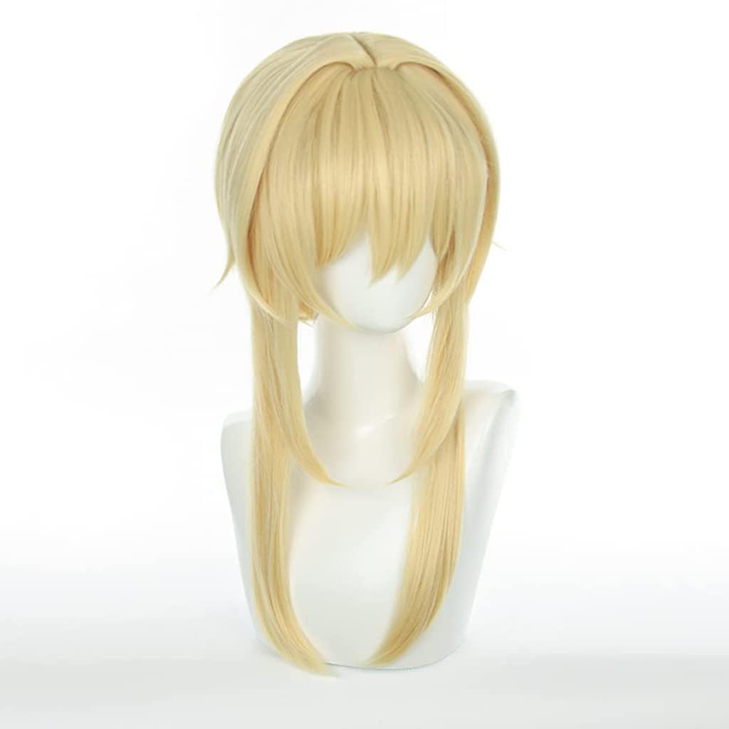 LeMarnia Gold Mixed with Yellow Straight Ponytail Synthetic Wig with Ribbon for Cosplay Fischl Wig Halloween Costume Party Wigs: Lumine/Gold