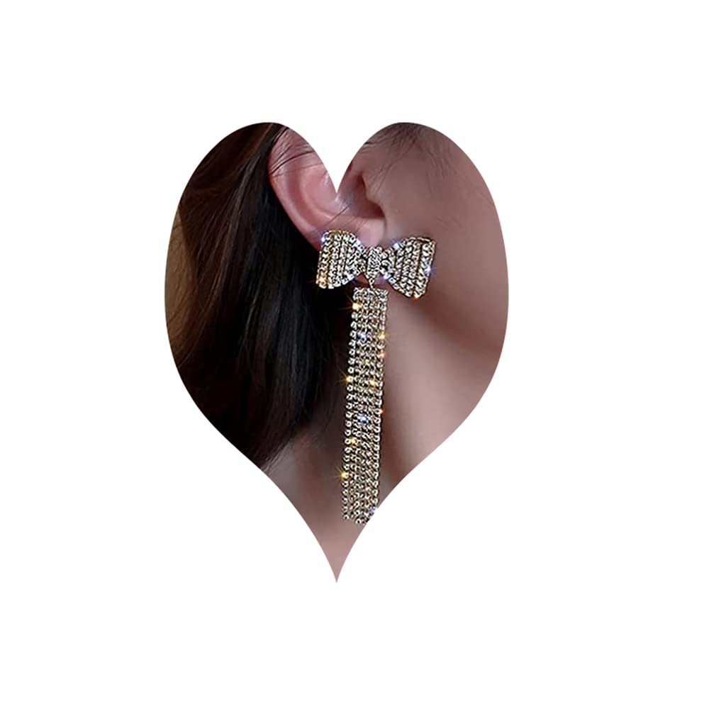 Wiwpar Long Fashion Bow Tassel Earrings Full Diamond Earrings Rhinestone Long Tassels Dangle Earrings for Women Girls thumbnail 1