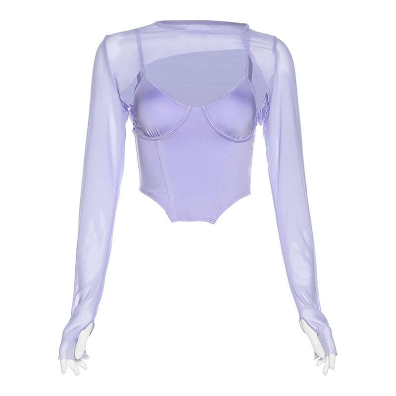 Meladyan Women Sexy Long Sleeve Mesh Crop Top Solid Cover Up Spaghetti Strap Slim Fit Corset Cami 2 pieces Clubwear thumbnail 8