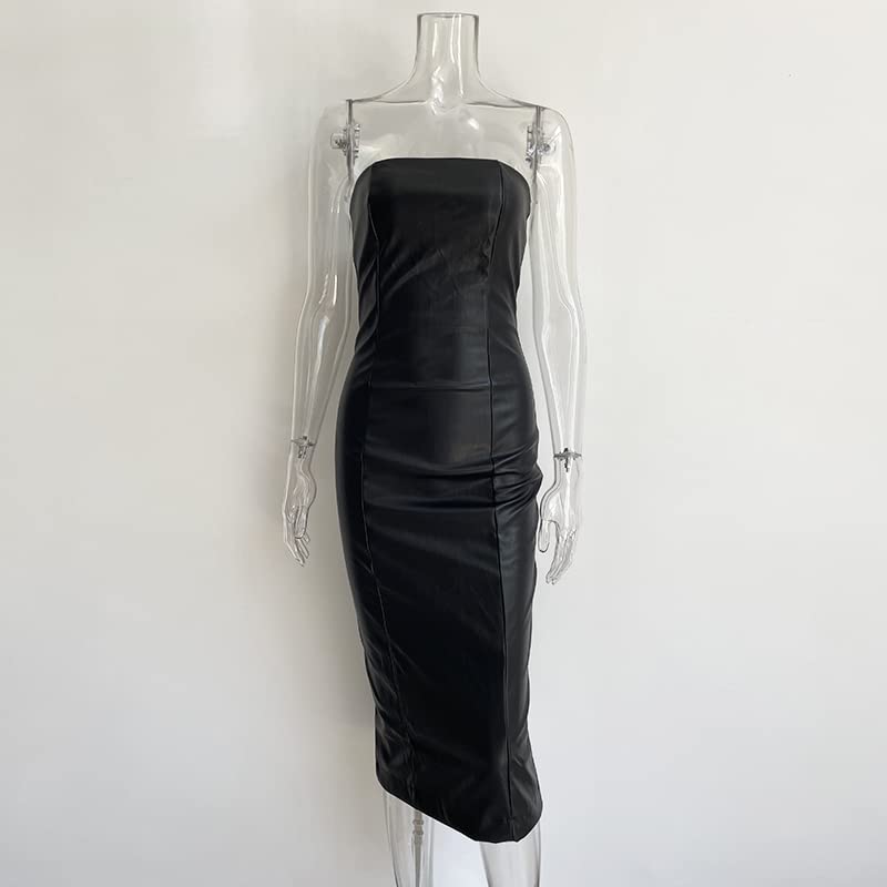 XLLAIS Women Sexy Strapless Tube Top Club Midi Dress Off Shoulder Bodycon Party Faux Leather Dress thumbnail 4