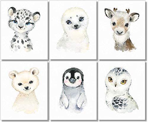 Arctic Baby Animals Wall Art Prints - Nursery Decor - Snow Theme Toddler Bedroom Decor - Set of 6-8x10 - Unframed - Watercolor