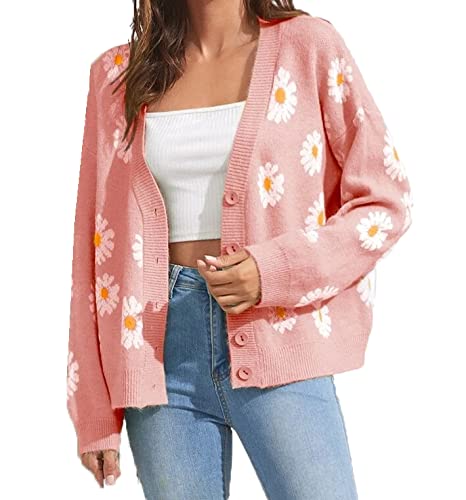 Women's Floral Print Cardigan Long Sleeve Open Front Button Down V Neck Knitted Sweaters