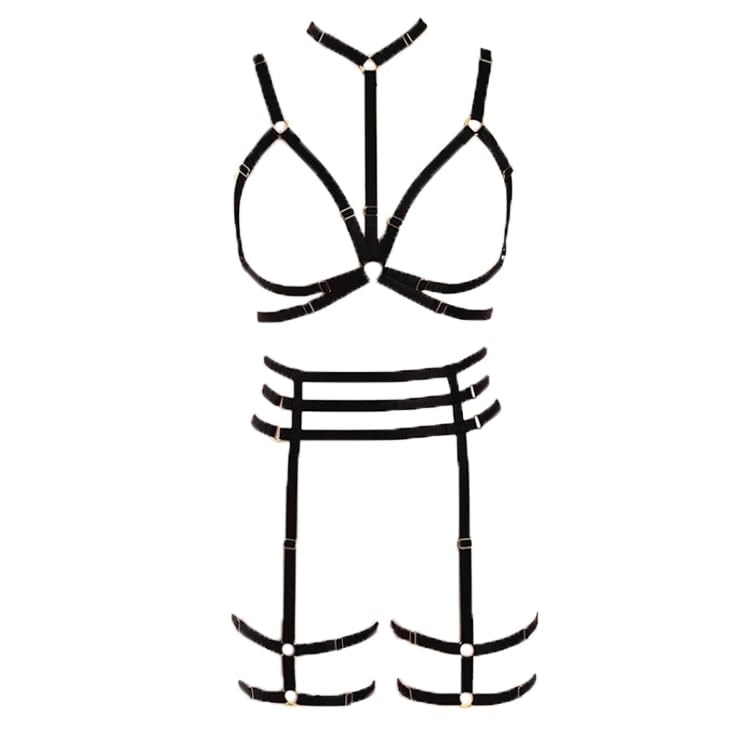 LIVE4COOL Women Harness Cupless Cage Bra Set Elastic Lingerie for Women Adjustable Hollow Out Strappy Set Sexy Strap Belt: Black2