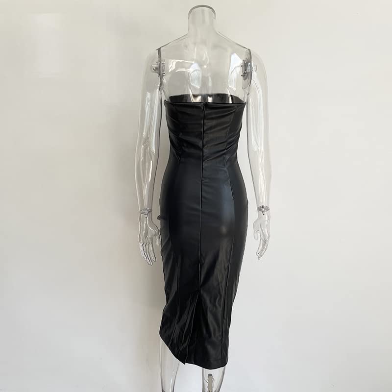 XLLAIS Women Sexy Strapless Tube Top Club Midi Dress Off Shoulder Bodycon Party Faux Leather Dress thumbnail 6