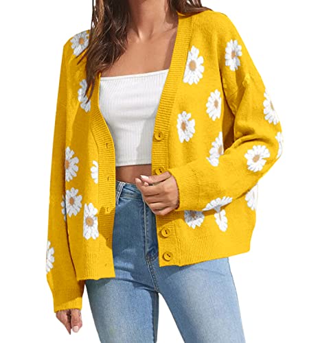 Women's Floral Print Cardigan Long Sleeve Open Front Button Down V Neck Knitted Sweaters