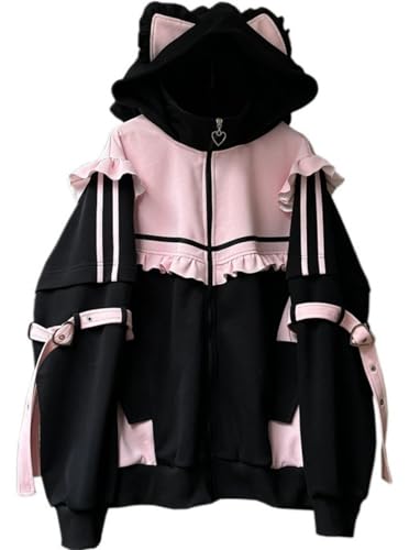 Pokn Tenshi Kawaii Hoodies Jirai Kei Fashion Cute Cat Ears Clothes Oversized Zip Up Hoodie Gothic Top: Pink Medium