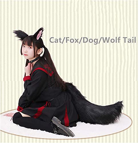 Fxaelian Faux Fur Animal Big Tail Fox Cat Dog Wolf Tail Set Halloween Cosplay Party Costume Accessory: Pure Black