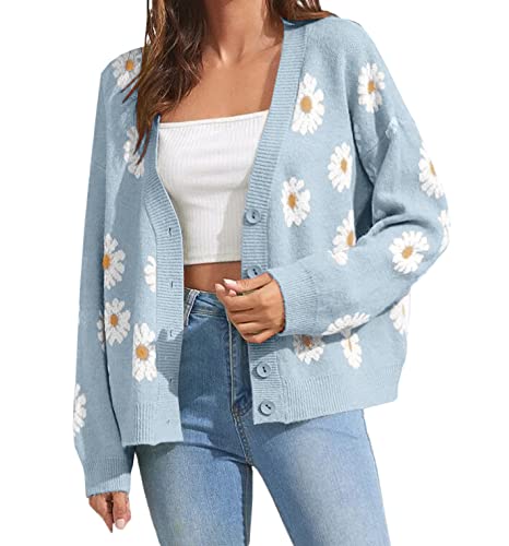 Women's Floral Print Cardigan Long Sleeve Open Front Button Down V Neck Knitted Sweaters