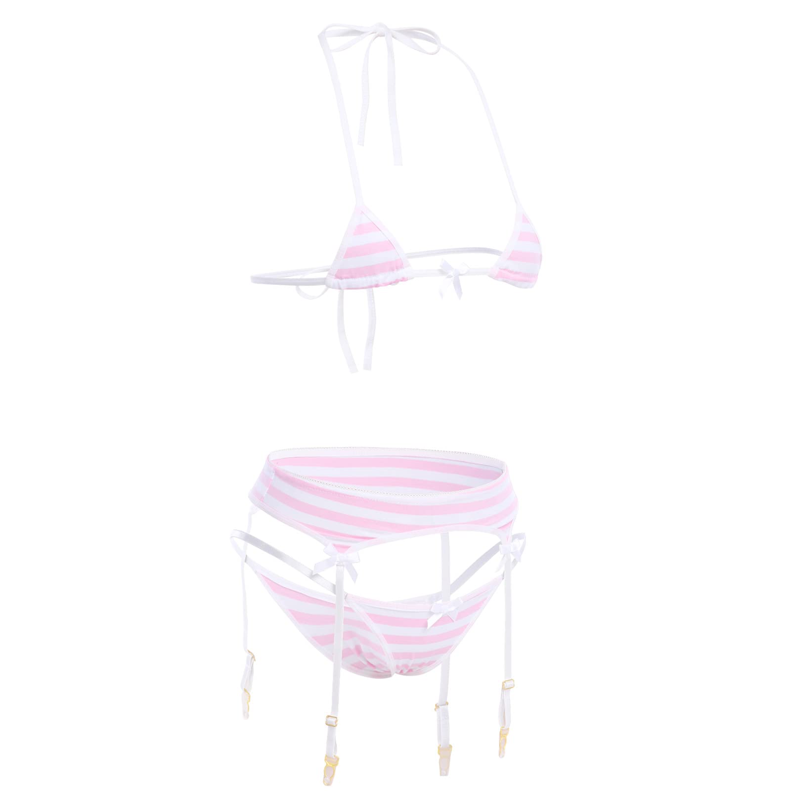 ABAFIP Women Cute Kawaii Striped Bikini Lingerie Set Micro Tiny Bra G-String Panty/Garter Belt 2Pcs / 3Pcs Underwear: Pink - 3pcs
