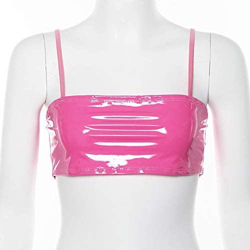 Women Rave Festival Neon PU Leather Crop Tops Spaghetti Straps Tube Top for Club Party: Pink Medium