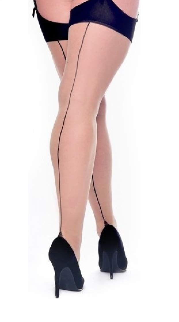 TightWorks Plus Size Thigh High Suspender Stockings, Vintage Sheer Denier with Black Seam, Sizes 4-20 [Made in Italy]: 4-10