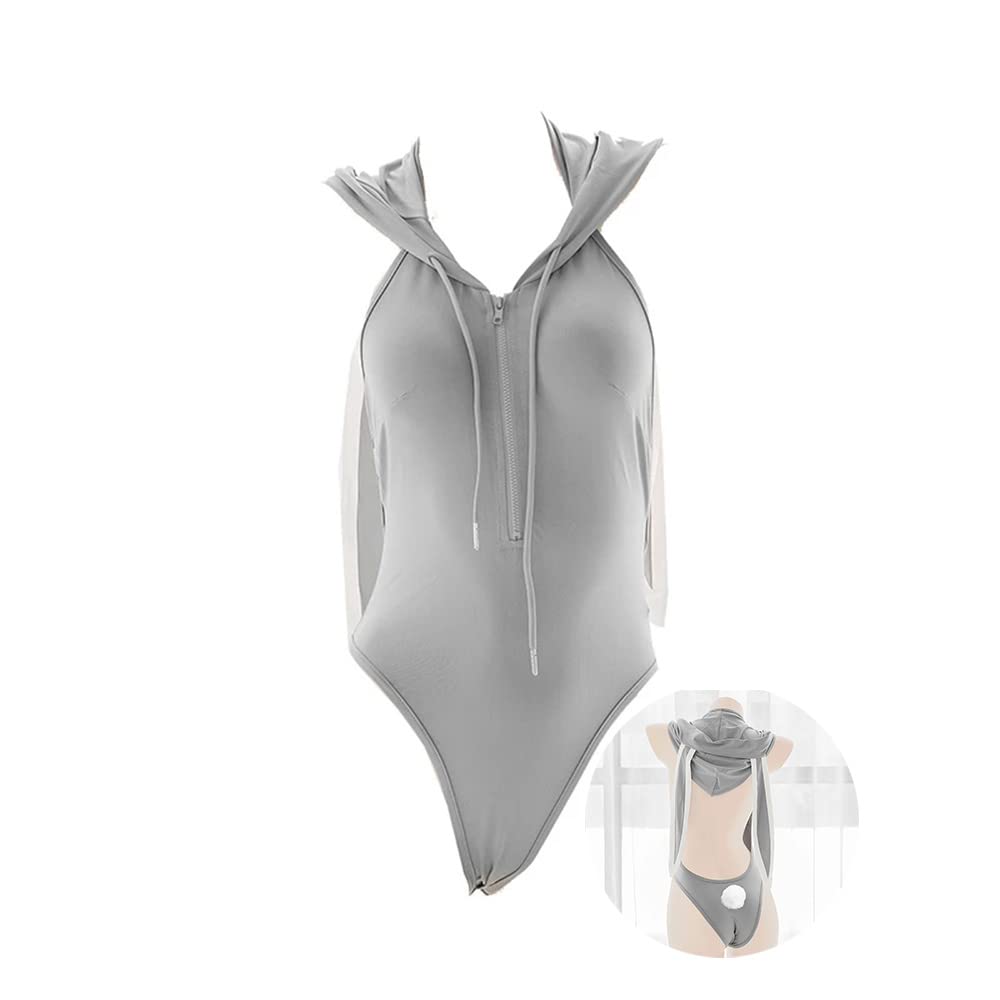 JasmyGirls Anime Lingerie Sexy Bunny Cosplay Costume Kawaii Maid Outfit Japanese Cute Roleplay Bodysuit Lolita Hoodie: Gray X-Small - Medium