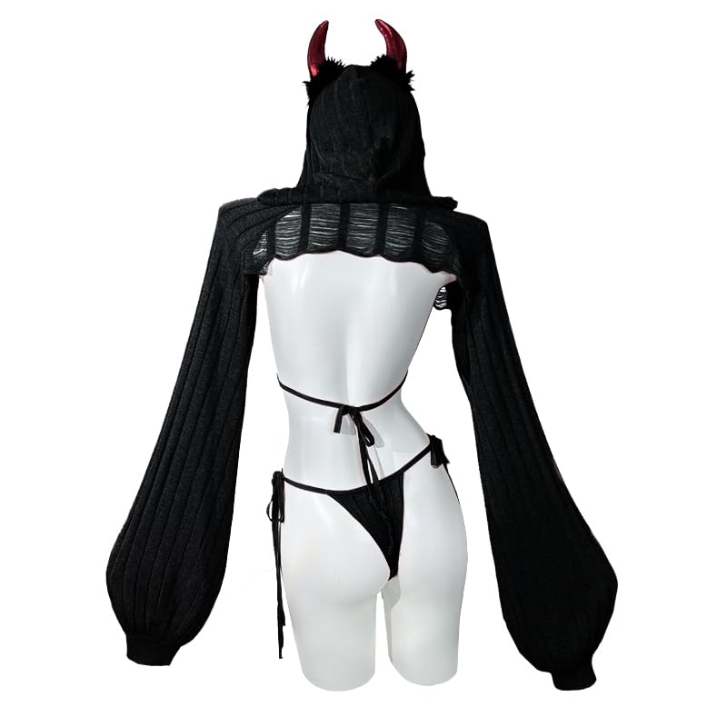 KORURACLUB Knitting Coziest Devil costume（7-Piece Set） Grey premium sweater cosplay lingerie for women cosplay costume: Black