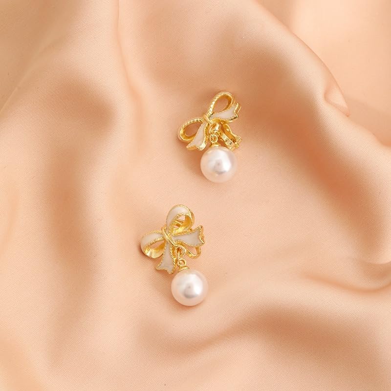 Twinkle Pearl Bow Dangle & 925 Silver Stud Earrings for Women & Girls | Pink and Gold Bow Ribbons Earrings | Holiday Birthday Jewelry Gifts for Her