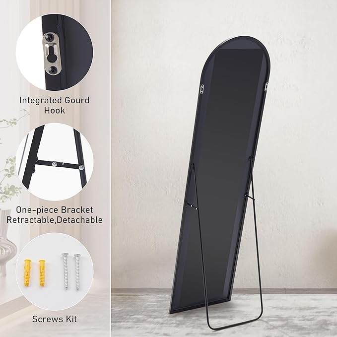 DUMOS Arched Full Length Mirror with Stand Floor Standing Aluminum Frame for Bedroom Body Hanging Leaning Modern Simple Home Decor Shatter-Proorf Nano Glass Wall Living Room Cloakroom Black 59"x16": Arched-dark Black 59"L x 16"W
