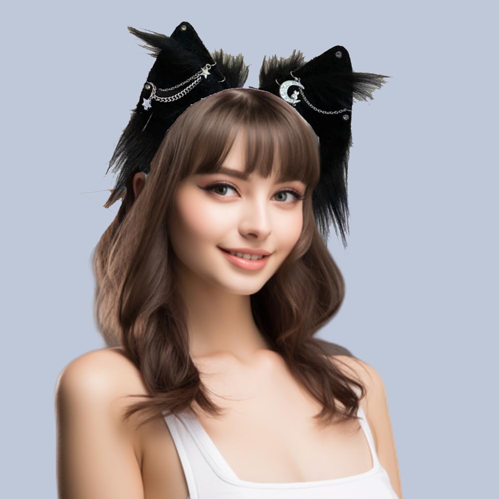 VIGVAN Cat Cosplay Ears Accessories Punk Gothic Cross Cat Ears Headbands Clips: Black Star