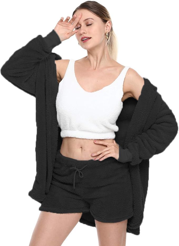 VNVNE Womens Sexy Fuzzy Warm Sherpa Fleece 3 Piece Outfit Fleece Coat Jacket Outwear and Spaghetti Strap Crop Top Shorts Set: Small Black