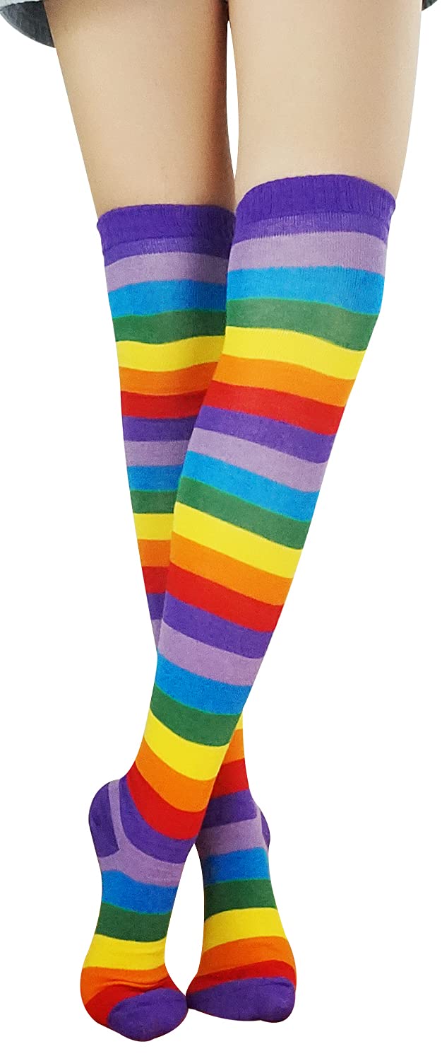 Bienvenu Womens Socks Striped Knee High Socks Arm Warmer Fingerless Gloves Set: Rainbow