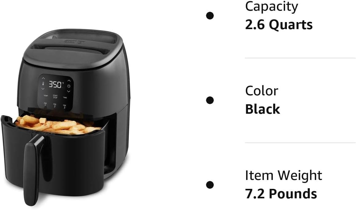 DASH Tasti-Crisp™ Electric Air Fryer Oven, 2.6 Qt., Aqua – Compact Air Fryer for Healthier Food in Minutes, Ideal for Small Spaces - Auto Shut Off, Digital, 1000-Watt: Black Nonstick