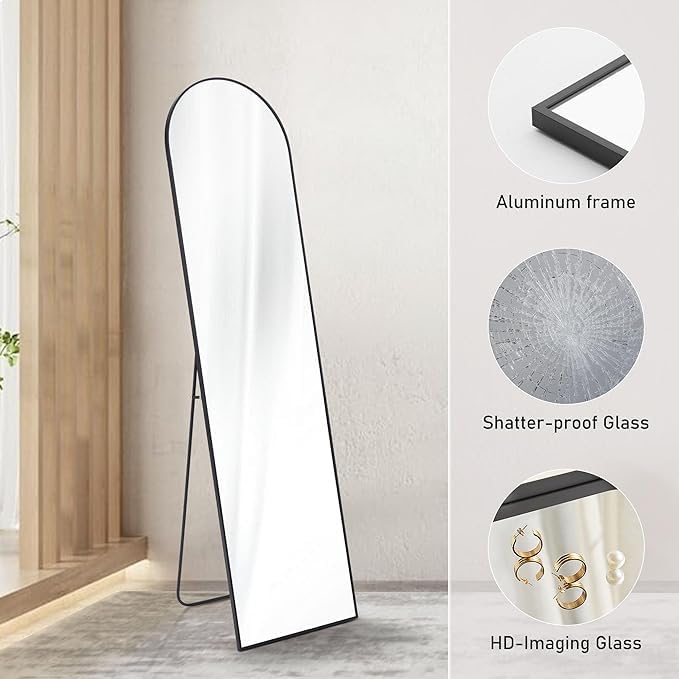 DUMOS Arched Full Length Mirror with Stand Floor Standing Aluminum Frame for Bedroom Body Hanging Leaning Modern Simple Home Decor Shatter-Proorf Nano Glass Wall Living Room Cloakroom Black 59"x16": Arched-dark Black 59"L x 16"W