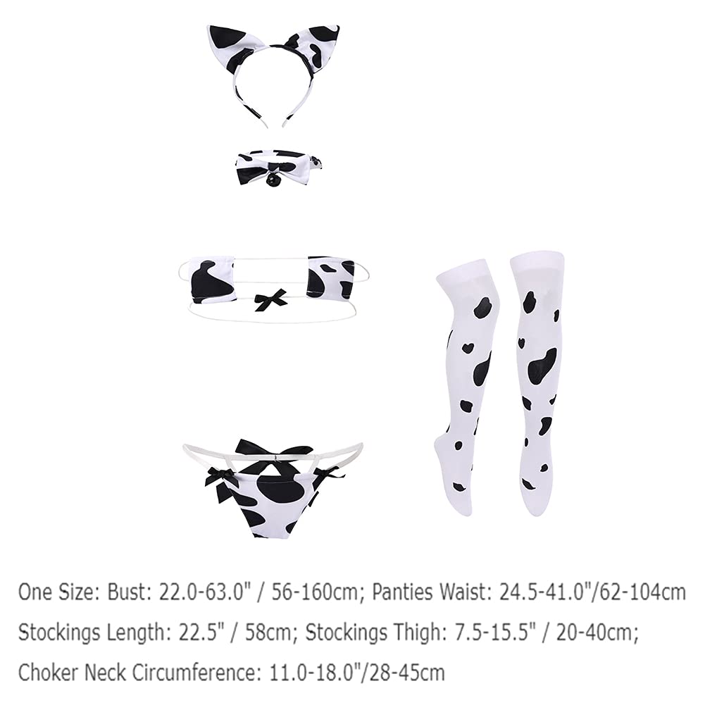 FYMNSI Women Sexy Milk Cow Lingerie Set Anime Maid Cosplay Costume Mini Bikini Bra Bodysuit with Bell Choker Stockings Outfit: White Cow Micro Bikini