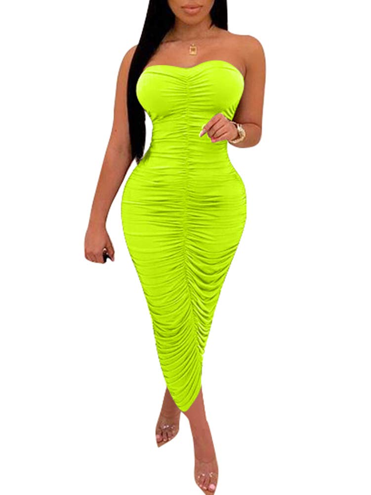 BEAGIMEG Women's Sexy Ruched Strapless Bodycon Tube Maxi Long Club Dress