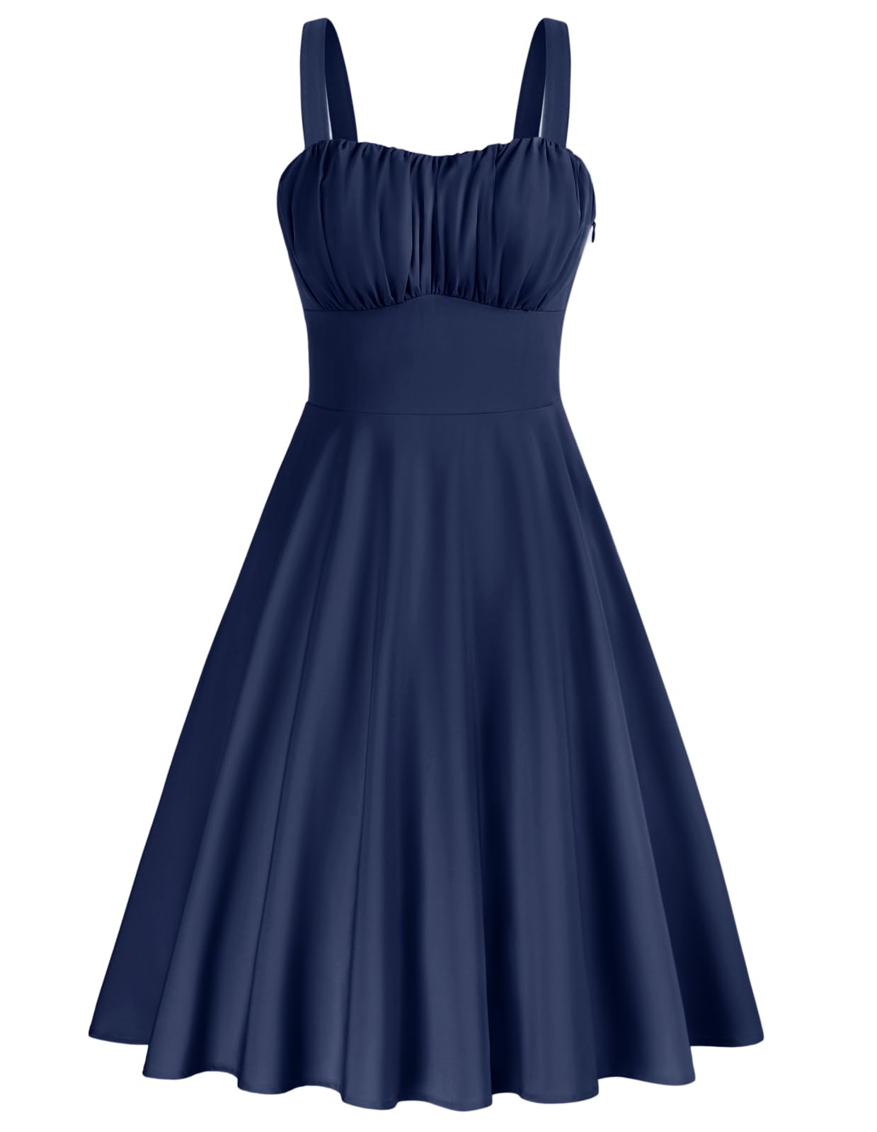 Belle Poque Women's Vintage Sleeveless Solid Floral Ruched Summer Cute A-Line Flowy Swing Midi Dress: Medium Blue