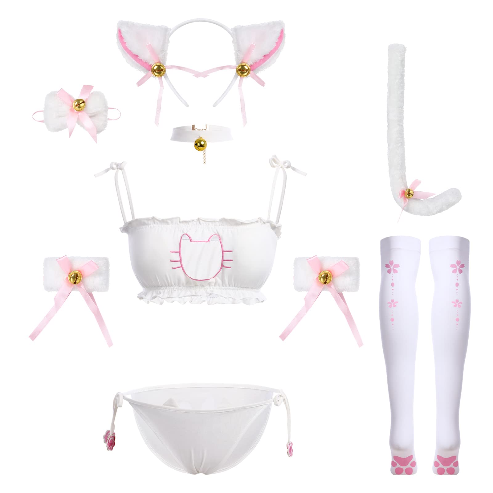 ABAFIP Women's Cute Anime Kawaii Cat Kitten Cosplay Strappy Lingerie Halter Micro Bra Panty Headband Garter Stockings Set: White-02