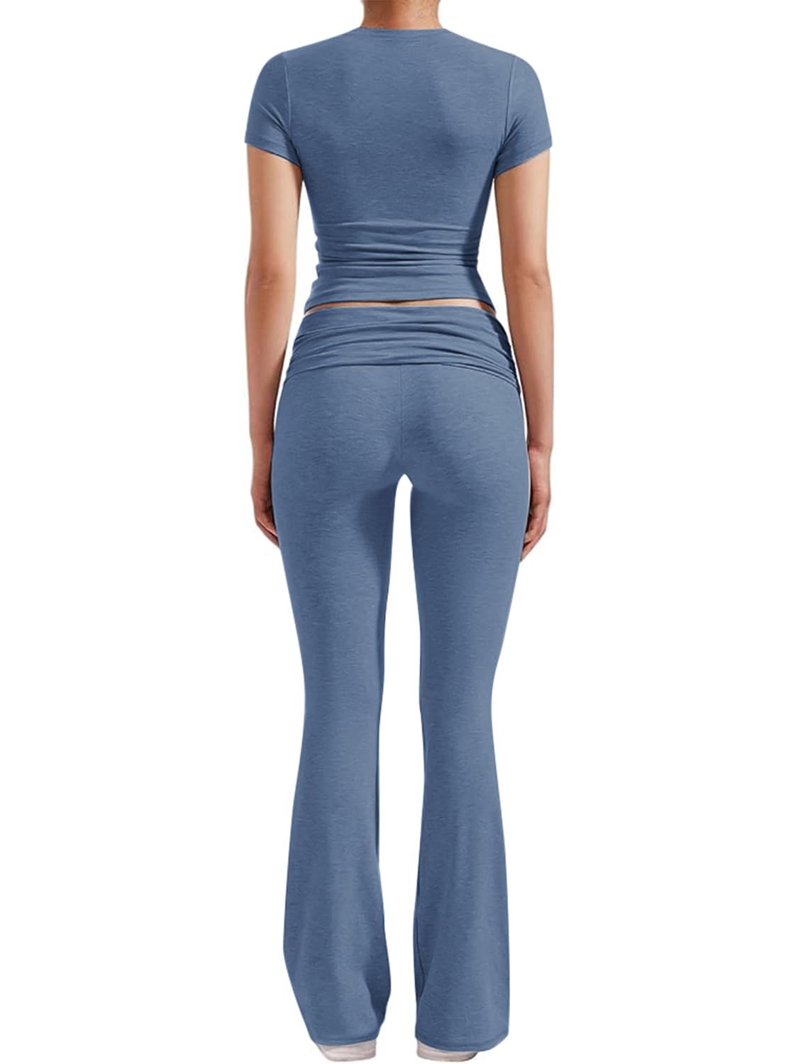 ZFLM Casual Workout Two Piece Outfits for Women Short Sleeve Crop High Waist Foldover Flare Pants Tracksuit Sets Streetwear thumbnail 4