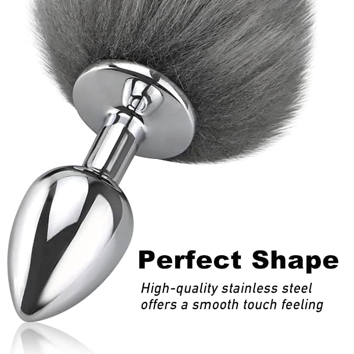 Tail Plug Anal Butt Plug, Butt Plug Faux Fur Tail Anal Sex Toys Buttplug Wolf Tail Toys Stainless Steel But Plug Butt Toys Sex Toys for Women Cosplay Adult Sex Toys for Women Men Couple (Grey): B-grey